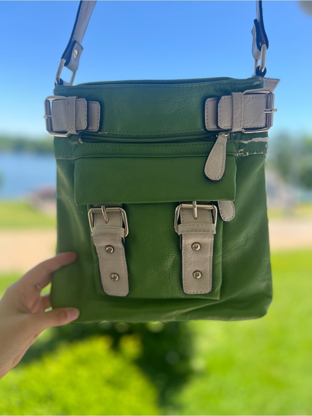Green Crossbody Shoulder Bag with Cream Trim